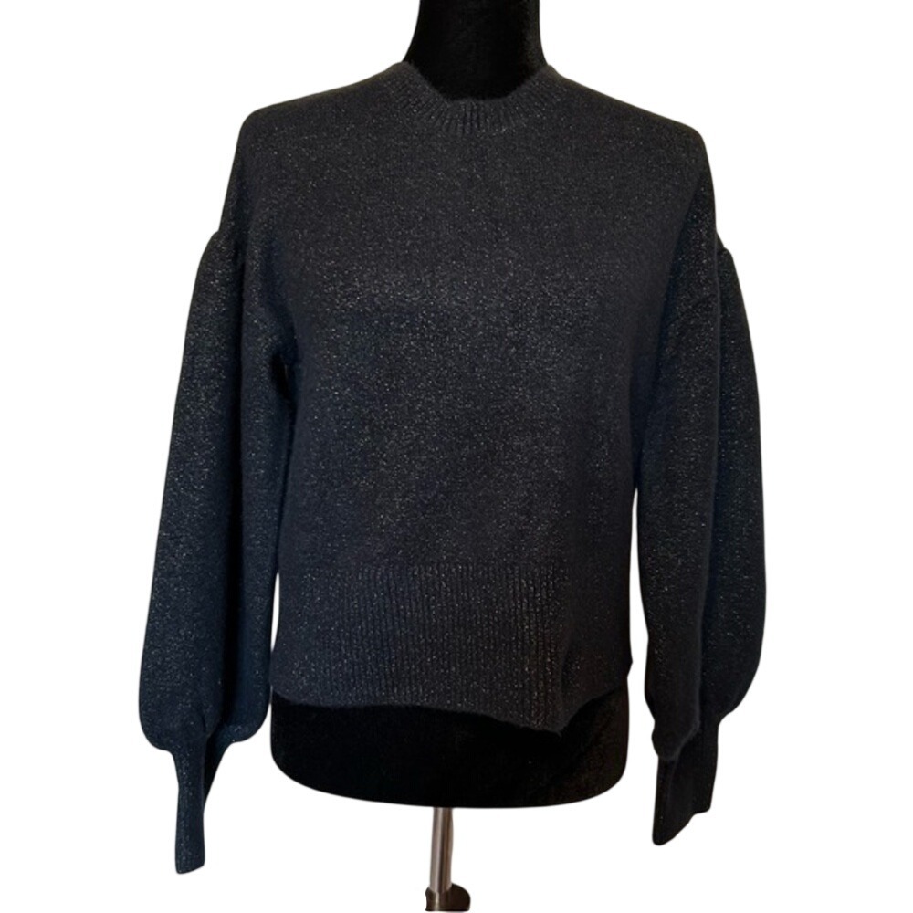 Nordstrom 1901 Black Metallic Shimmer Puff Sleeve Keyhole Tie Back Sweater L NEW